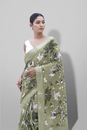 Fancy Tussar Hand Printed Saree with Banarasi Border