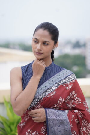 Fancy Tussar Hand Blocked Saree with Banarasi Border