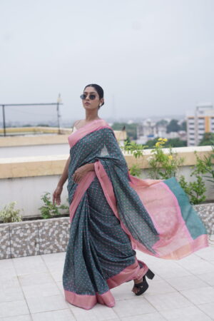 Fancy Tussar Hand Printed Saree with Banarasi Border