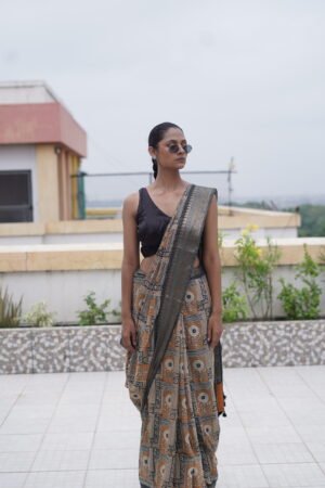 Fancy Tussar Hand Printed Saree with Banarasi Border