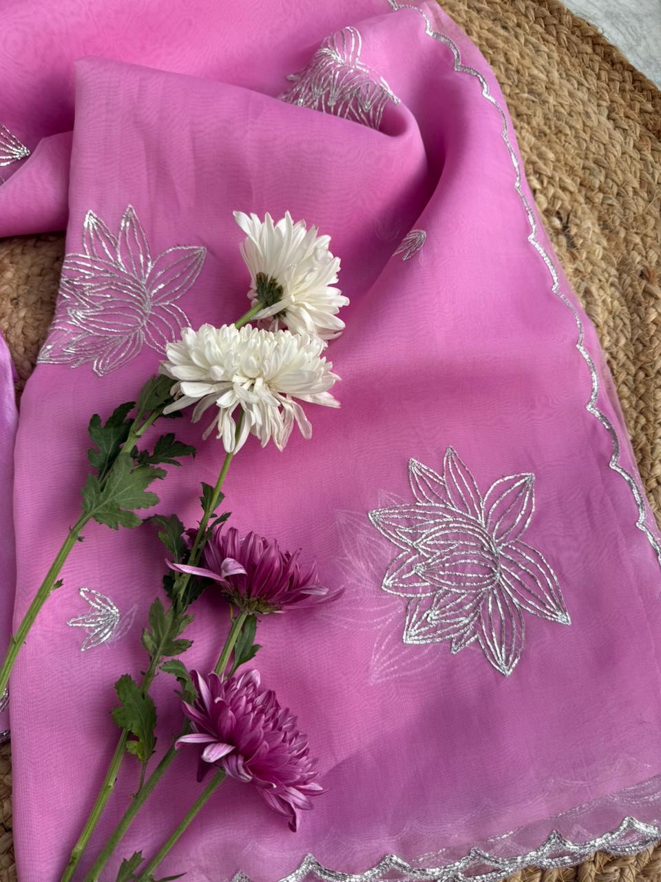 Pure Organza Silk Saree with Silver Zardosi Peeta Work