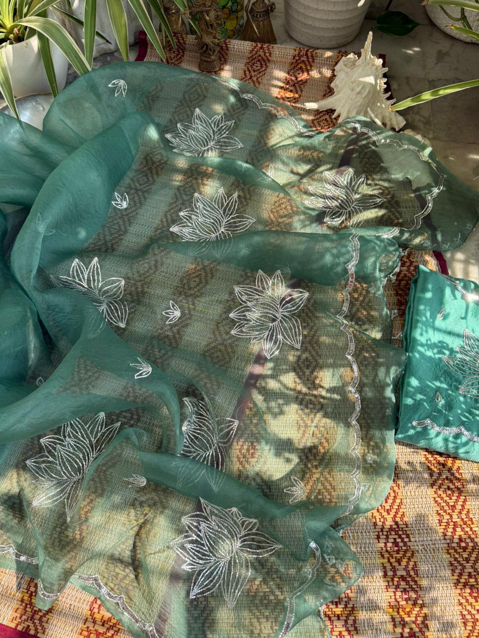 Pure Organza Silk Saree with Silver Zardosi Peeta Work - Image 2