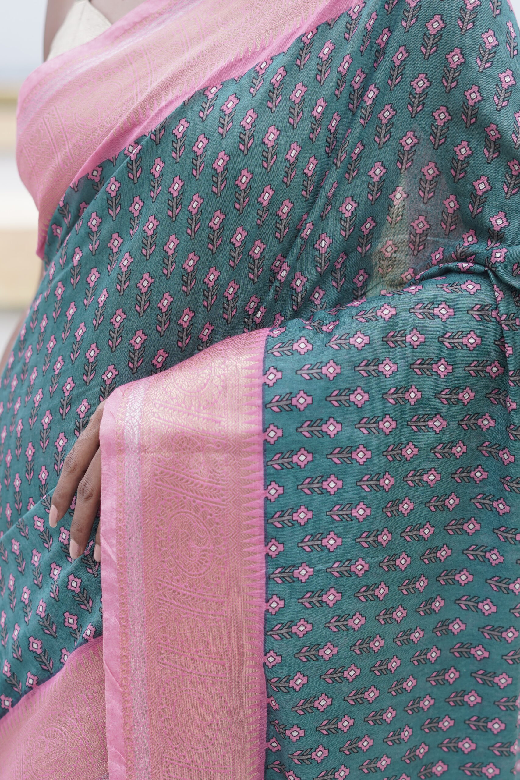 Fancy Tussar Hand Printed Saree with Banarasi Border - Image 5