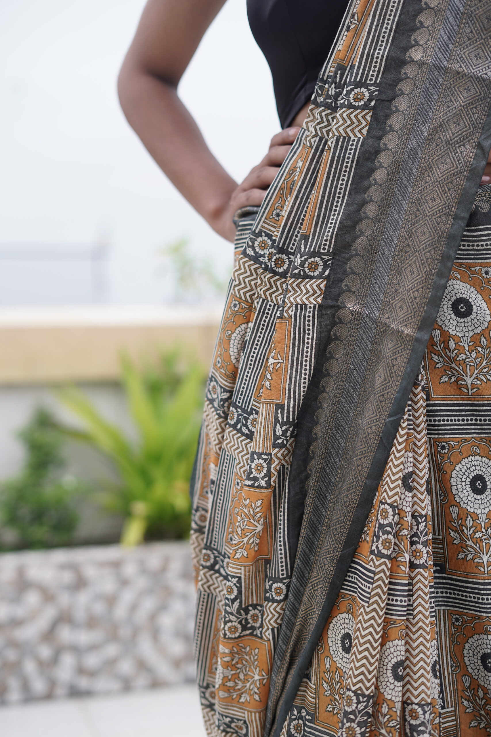 Fancy Tussar Hand Printed Saree with Banarasi Border - Image 4